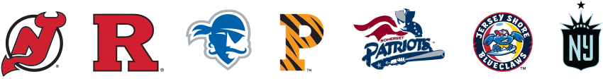 Logos for: NJ Devils, Rutgers University, Seton Hall University, Princeton University, Somerset Patriots, Jersey Shore BlueClaws, Gotham FC